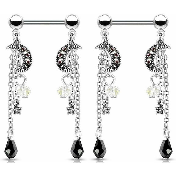 CZ Crystal Star and Moon Chain Bead Dangle Nipple Barbells, Sold as a Pair