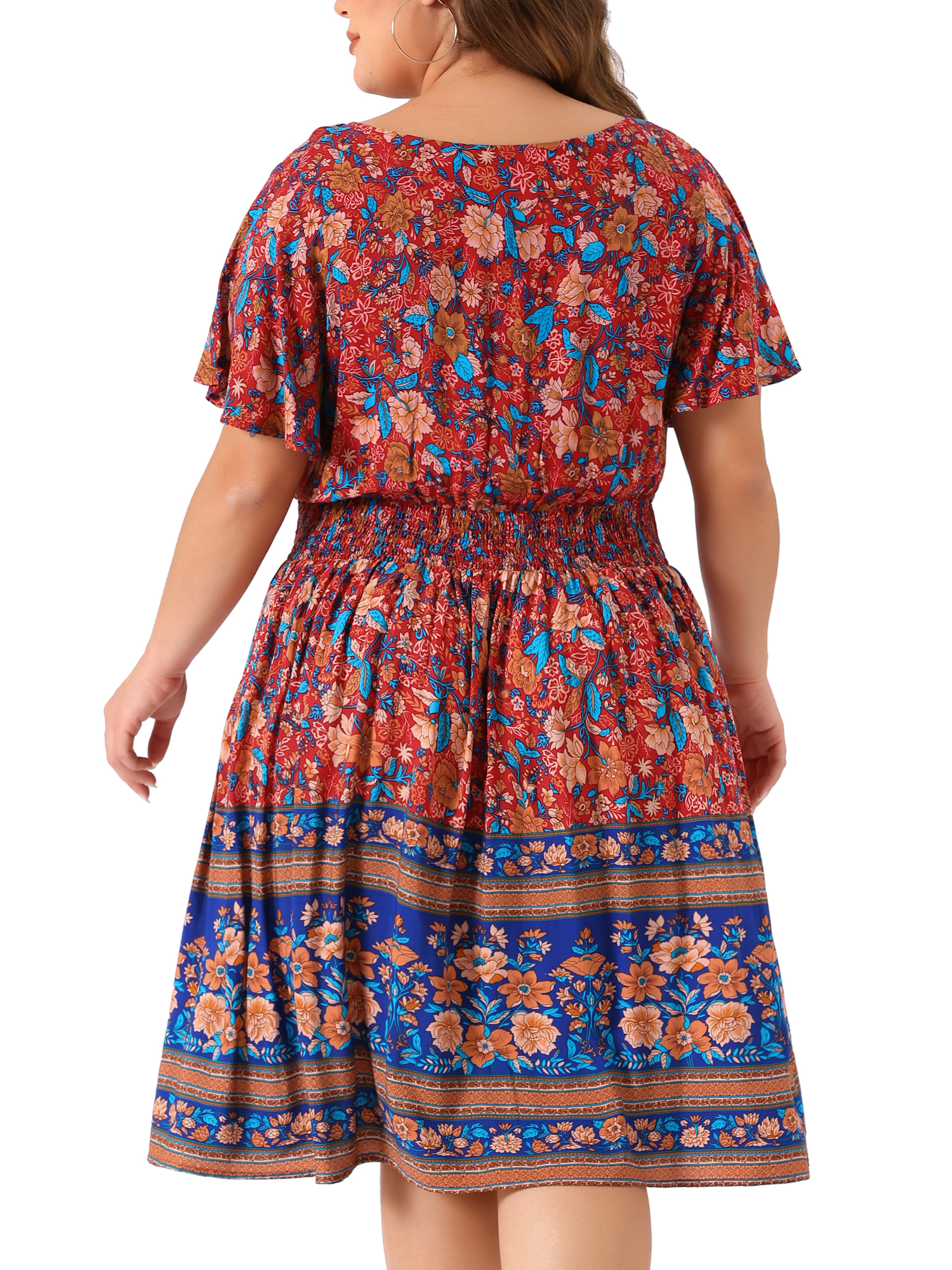 DARING DIVA Women's Plus Size Midi Placed Pattern V Neck Dress 2X Blue Red