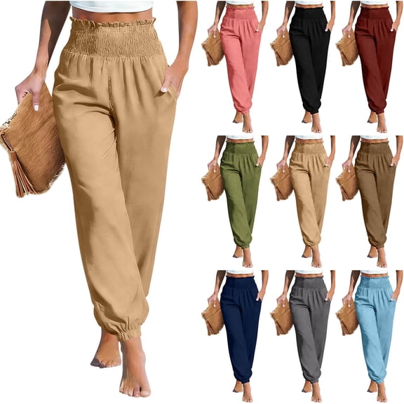 ZHYou Pants for Women Cuffed Leg Smocked Elastic Waisted Baggy Vacation Summer Casual Palazzo Pants,Khaki,Size L