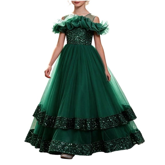 Girls Princess Dresses Strap Off Shoulder Large Ruffled Tulle Dress ,Layered Sequin Mesh Gown for Wedding Party Ceremony Green 9-10 Years