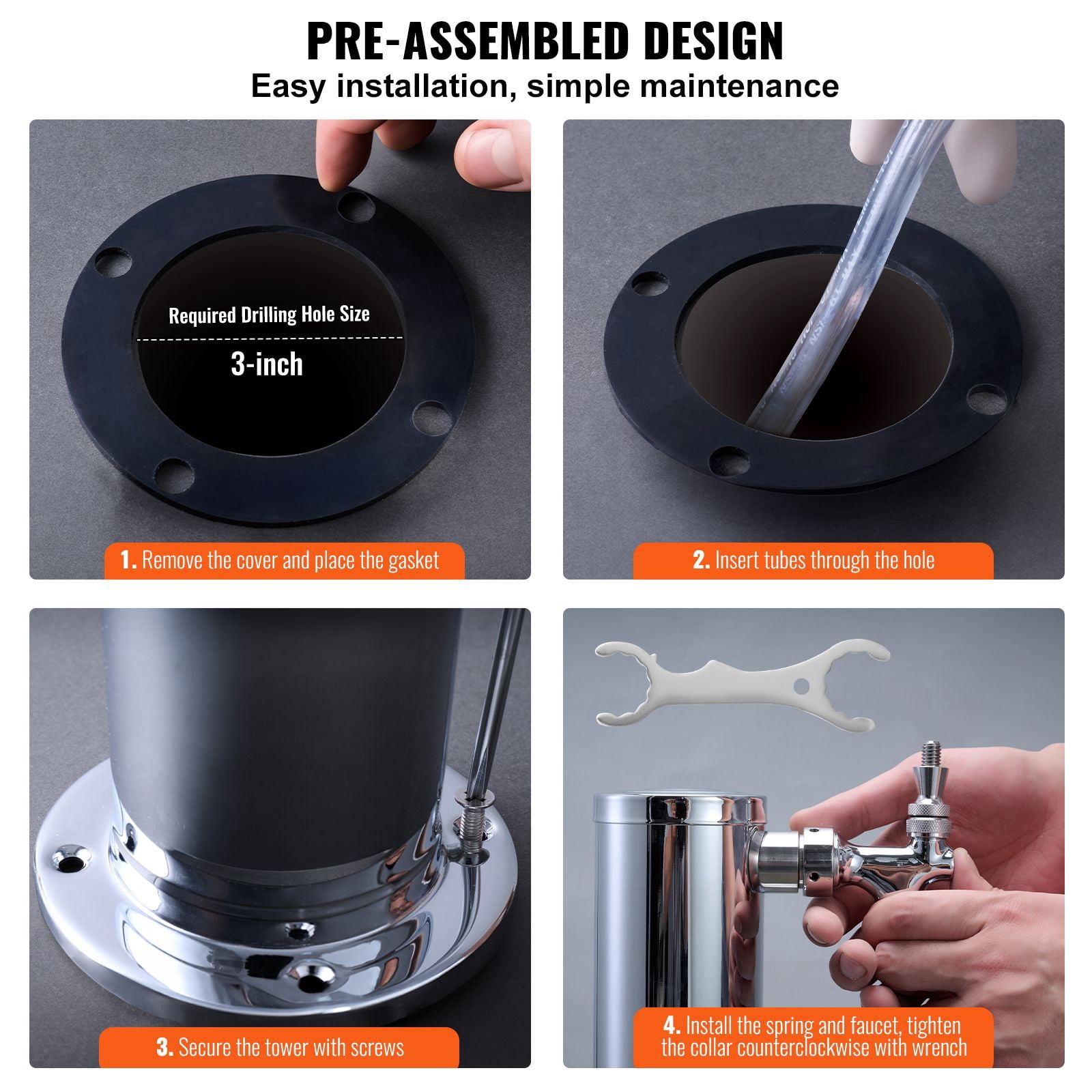 3-Faucet Draft Beer Tower Dispenser with Self-Closing Springs, 8mm Insulation Foam, Stainless Steel Column, for Kegerator Home Bar