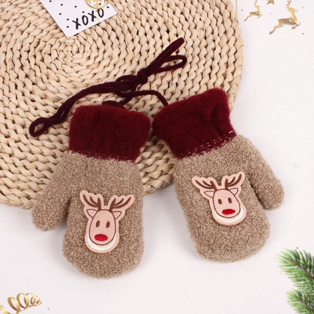 Cartoon Full Finger Fluffy Skiing Mittens Soft Chunky Thermal Mitten Winter Warm Knitted Hand Warmer Christmas Gift for 2-6 Years Kids Fleece Lining Winter Warm Insulated Gloves