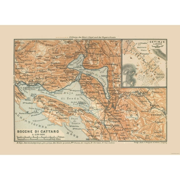 Historic Nautical Map - Kotor Bay Montenegro - Baedeker 1910 - 31.88 x 23 - Vintage Wall Art