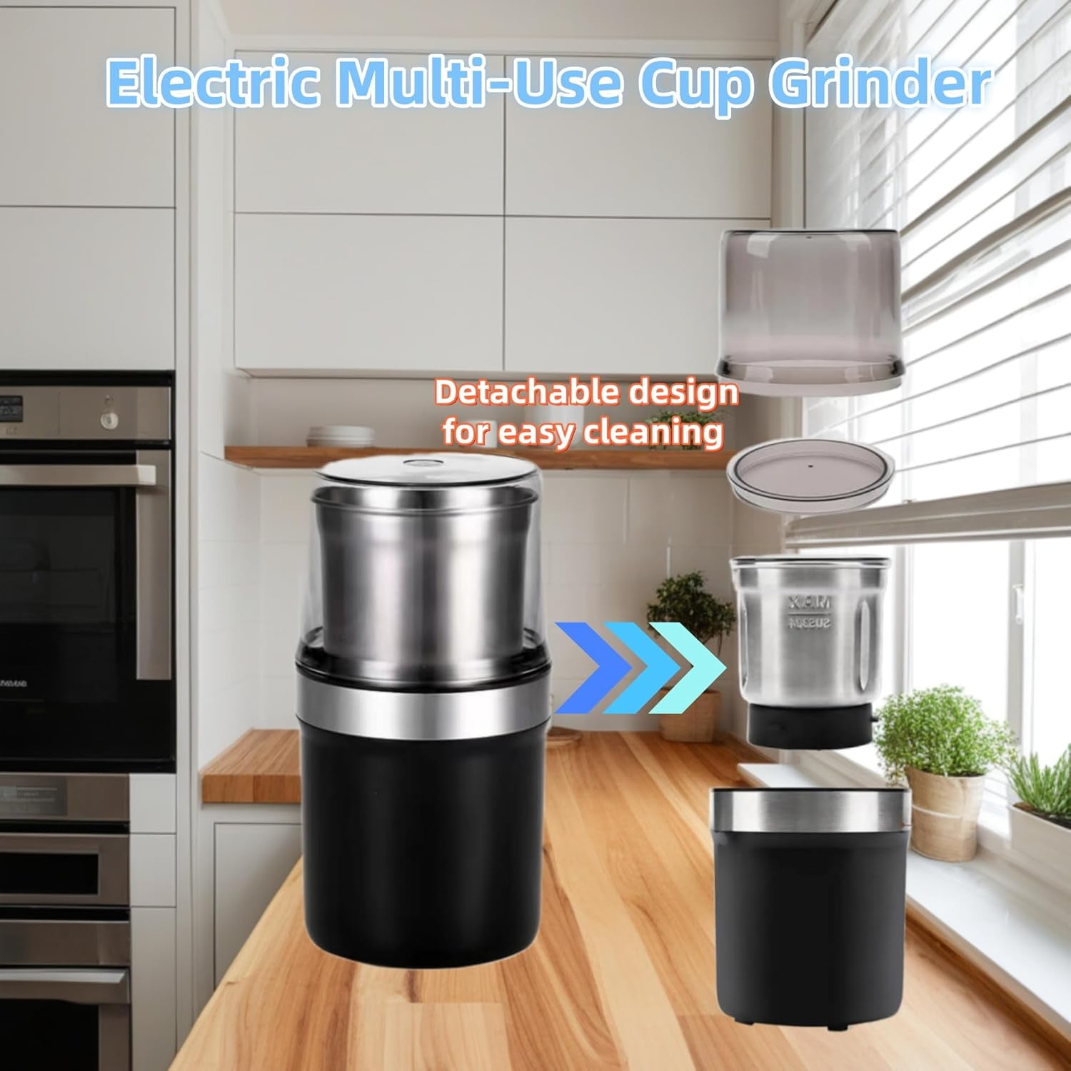 2026 New Stainless Steel Coffee & Spice Grinder, Electric Multi-Use Cup Grinder, Large Capacity Detachable Cup for Easy Cleaning, for Home Kitchen (Straight Blade&Criss-Cross Blade)Z