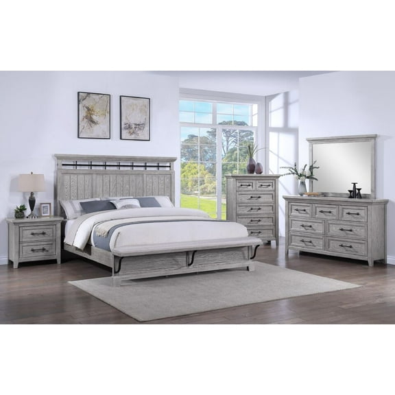 Unique 5pc Light Gray Finish Queen Size Panel Built-in Bench Bed Set Solid Wood Bedroom Furniture