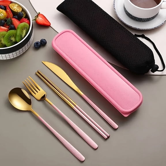 Reusable Utensils Set with Case, Rose Gold Travel Cutlery Set Including Fork Spoon Chopsticks for Lunch Box, Picnic, Camping & Office