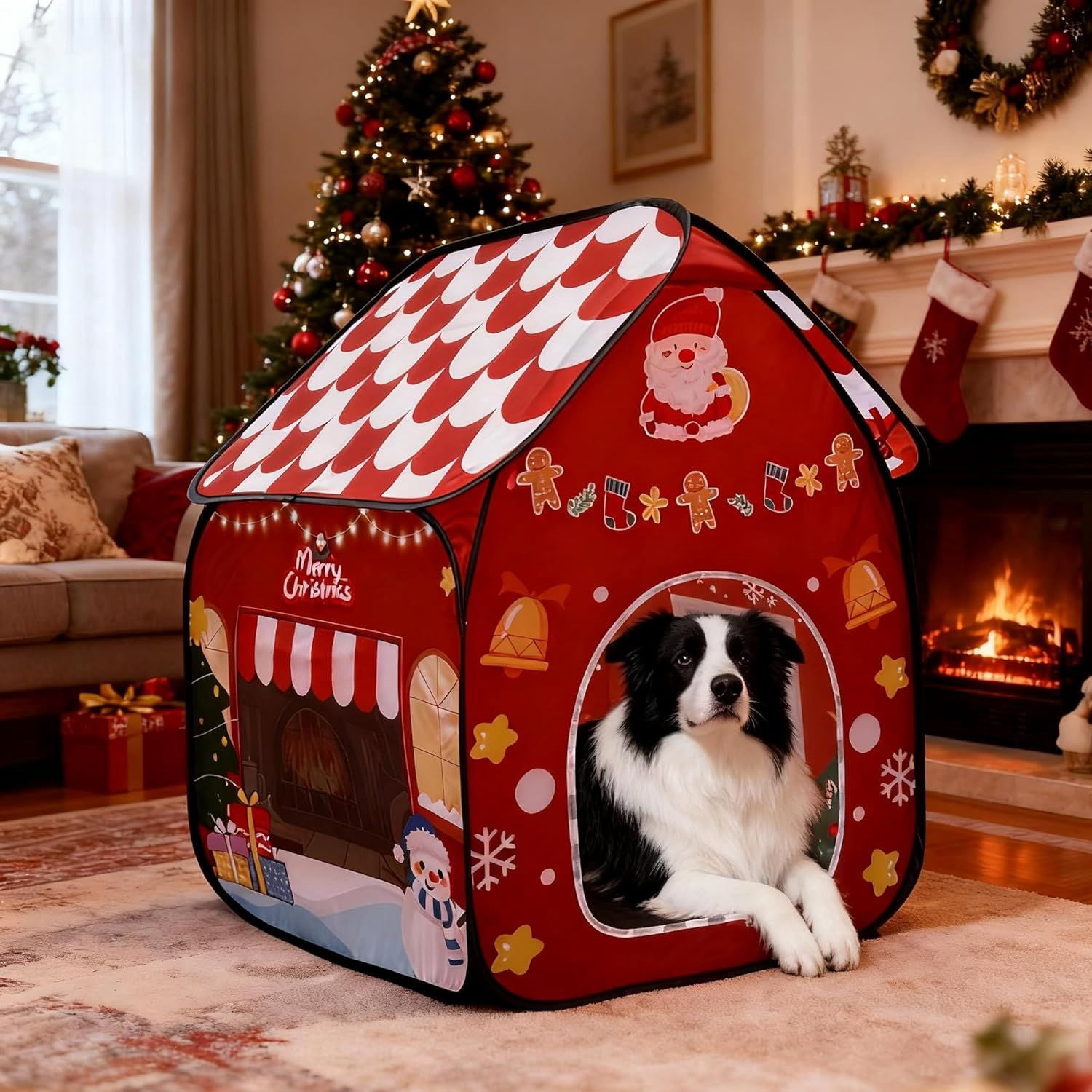 Foldable Indoor Dog House with Christmas Design, Portable Pet Shelter for Dogs, Ideal for Living Room & Bedroom Holiday Decor