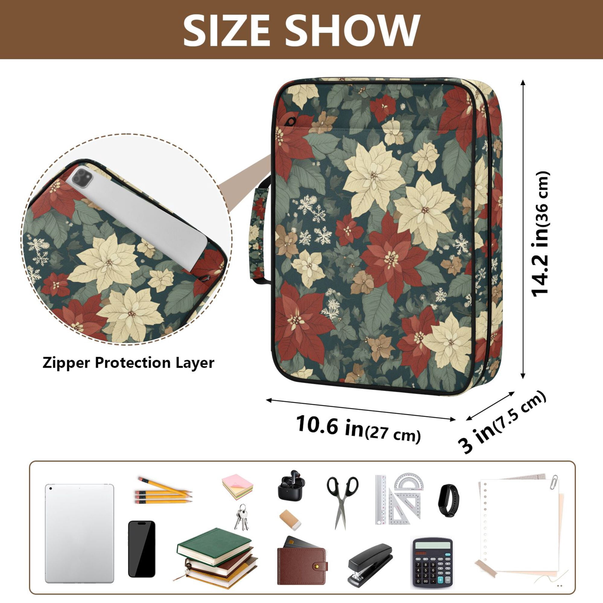 FORMRS Accordion File Folder A4 Size 7-Pocket Expanding Document Organizer Bag with 3 Ring Binder, Christmas Blooms