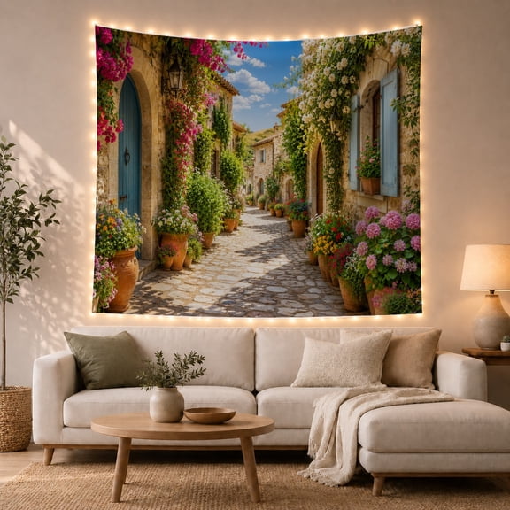 Sun-Drenched Cobblestone Alleyway with Terracotta Pots, Serene Vintage for Art Lovers, Mediterranean Wall Art Decor, Birthday Gift, Tapestry Wall Hanging for Bedroom and Living Room