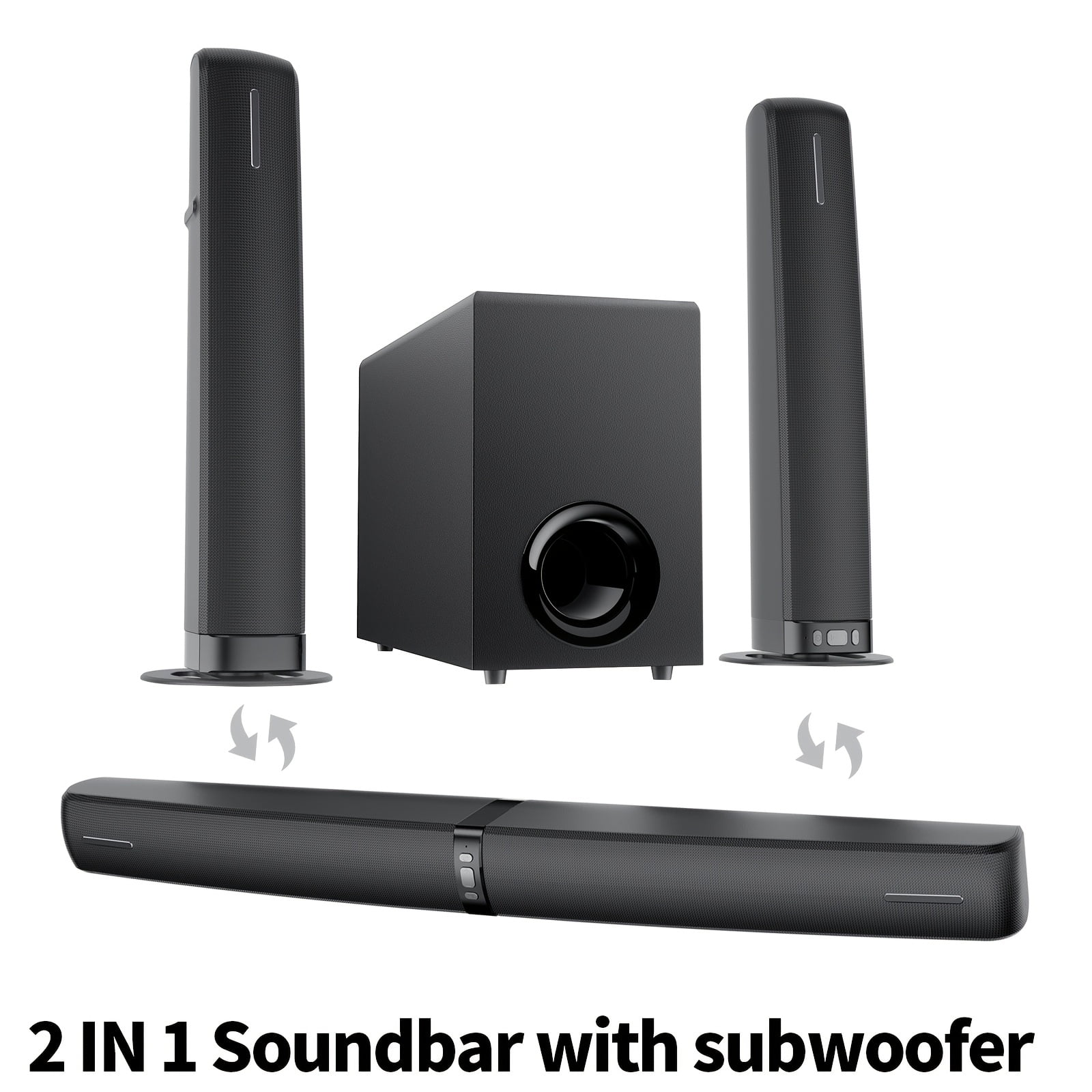 Sound Bar for Smart TV, Soundbar with Wired & Wireless Connect, Auto Volume Boost, ARC/Optical/AUX Cables & Remote, 2in 1 Separable Soundbar Speaker, with Infrared Remote Control