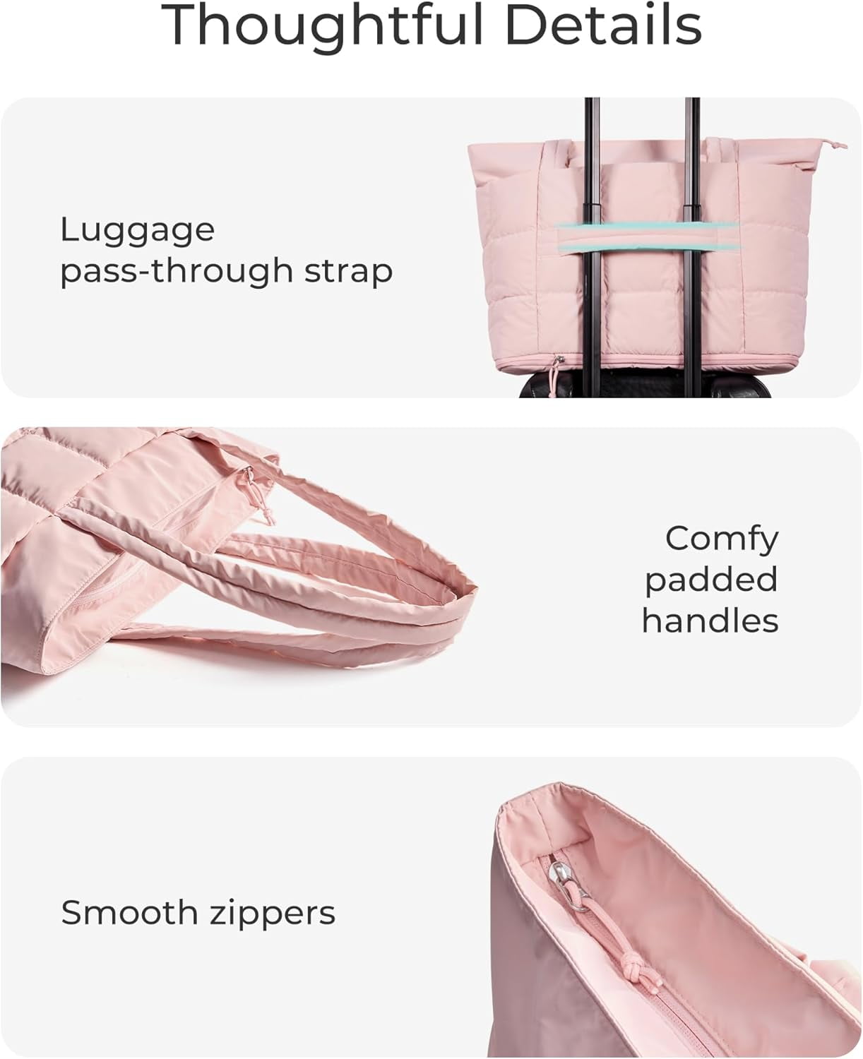 Omlopp Large Tote Bag for Women, Expandable Puffer Work Tote Handbag, Quilted Carry-On Travel Gym Bag-Light Pink