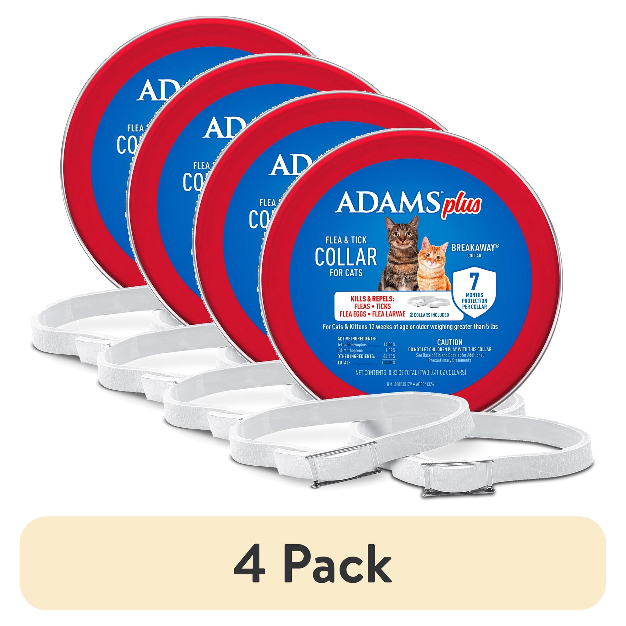 (4 pack) ADAMS Plus Flea & Tick Collar for Cats, Flea Collar for 14-Month Prevention, Adjustable Collar Fits Cats & Kittens, Kills Fleas & Ticks, 2 Count