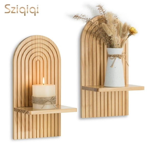 Sziqiqi Boho Wall Candle Holders Set of 2: Natural Wood Floating Shelves with Rainbow Arch Design Hanging Shelves for Tea Lights, Plants, Books | Farmhouse Home Decor
