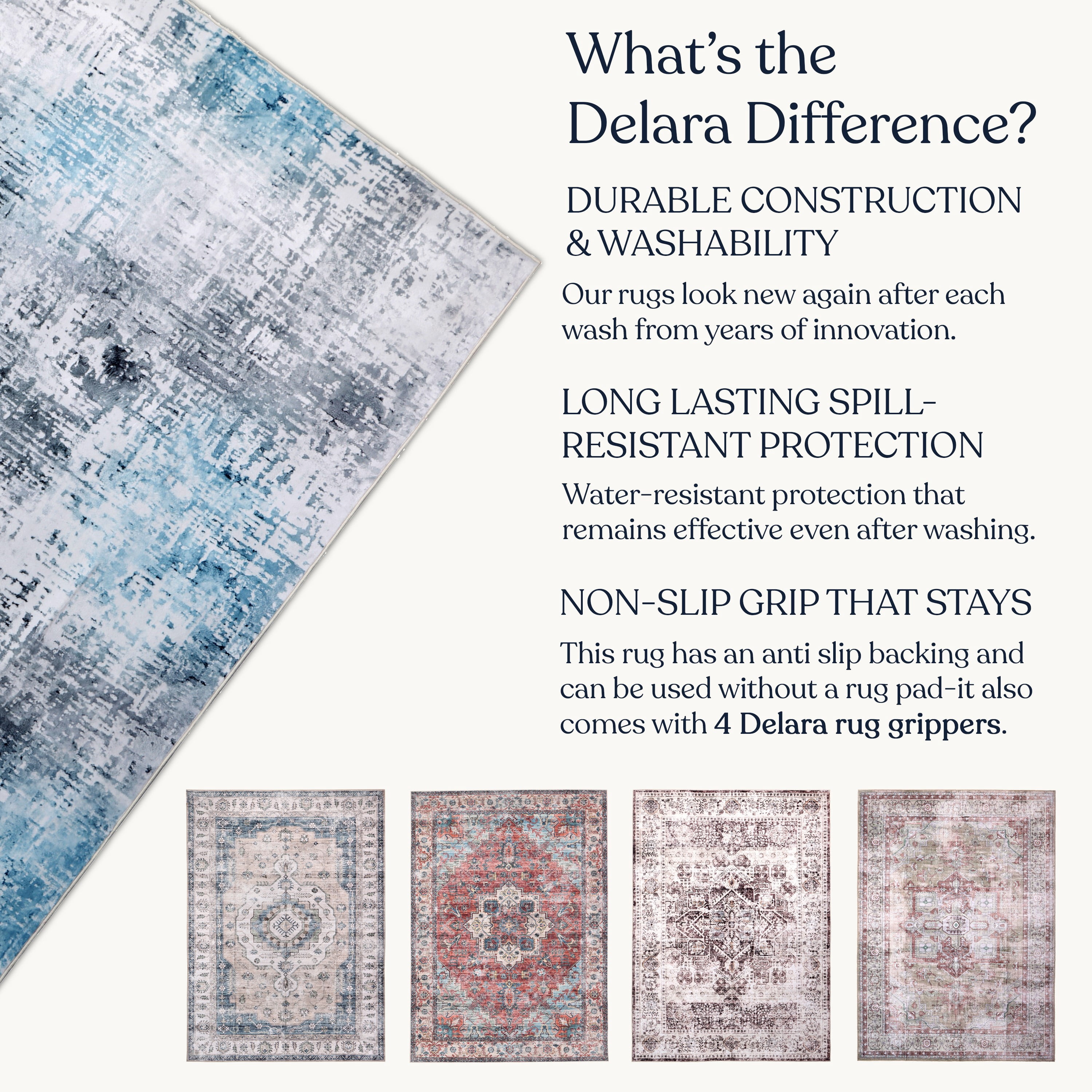 Delara 3'x5' Machine Washable Area Rug, Soft & Durable, Non-Slip, Stain Resistant, Frosted Azure, for Bedroom, Living & Dining Room