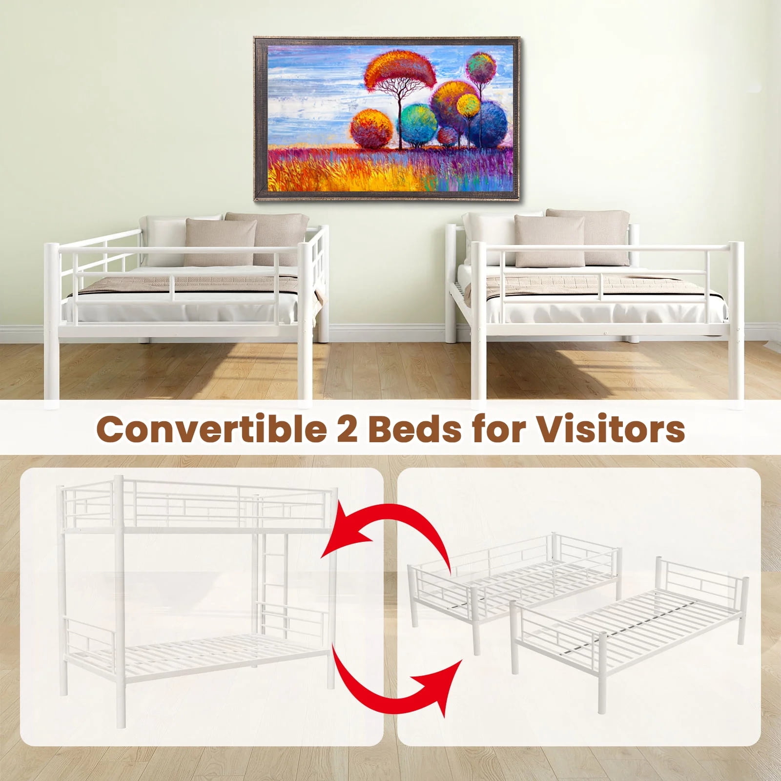 Alvantor Twin over Twin Bunk Beds for Kids Teens, Convertible 2 Beds, Easy Assembly, Load-Bearing 350lb White