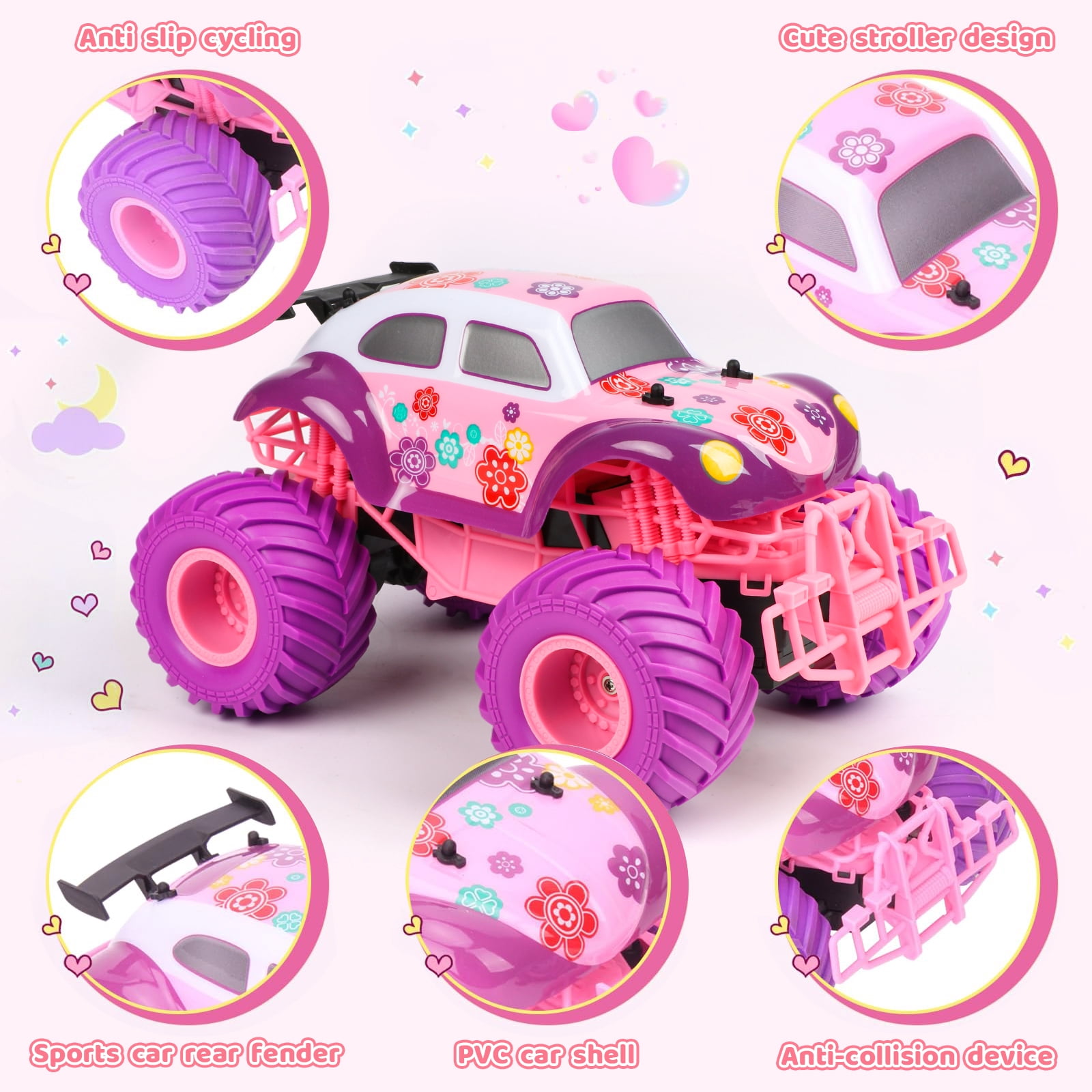Beefunni Pink RC Car for Girls, 4WD Off-Road Remote Control Truck with 2.4GHz, Rechargeable Battery, All-Terrain RC Jeep Toy for Kids Ages 4-7, Birthday Gift for Girls