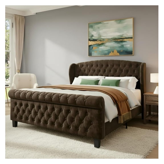Queen Sleigh Bed Frame with Wingback Headboard, Chenille Upholstered Platform Bed with Wood Slats and Scroll Footboard, No Box Spring Needed