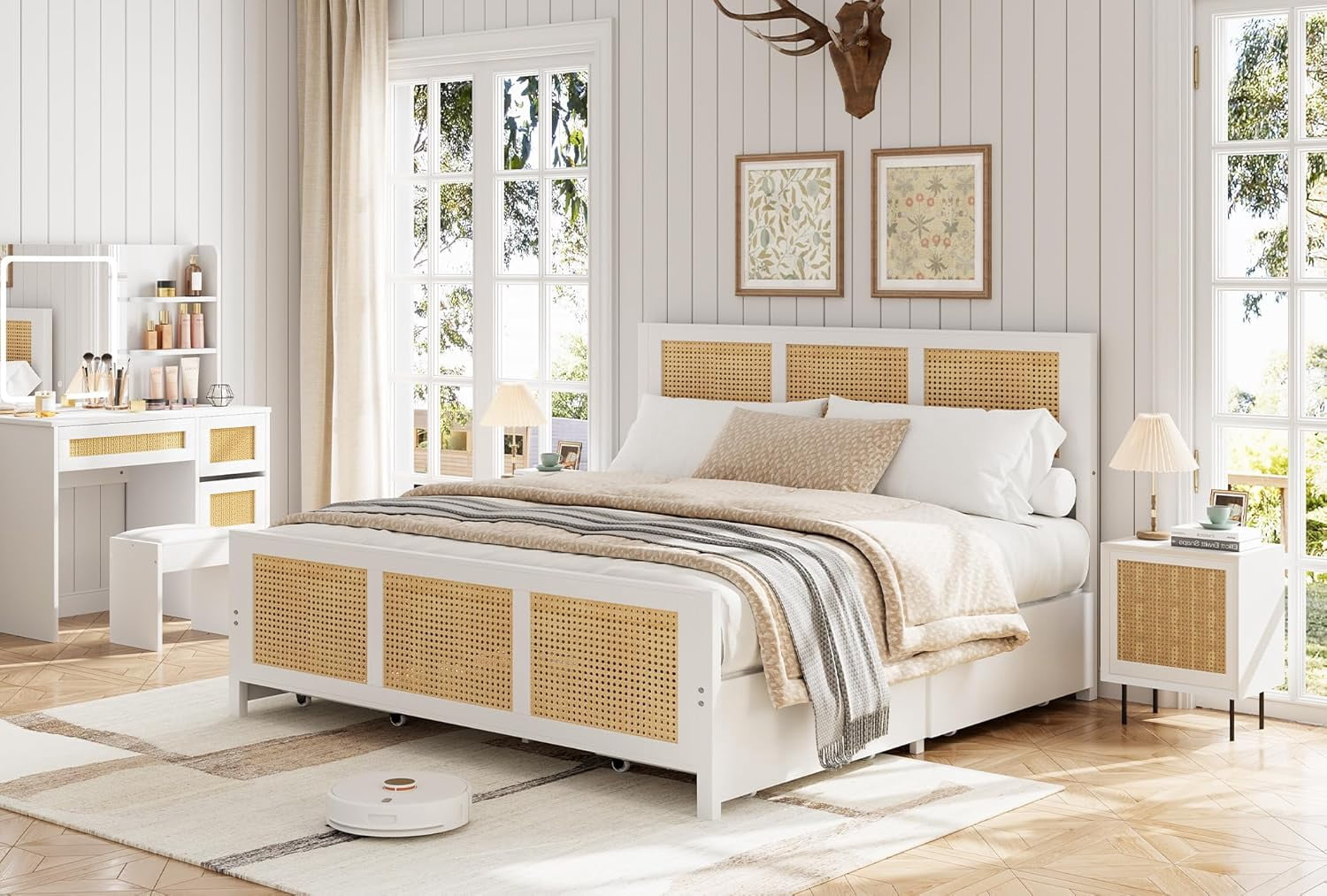 White Rattan Bed Frame with Headboard, Boho Cane Platform King Size Bed Frame with 4 Drawers, Strong Metal Slats Support, Noise Free, No Box Spring Needed
