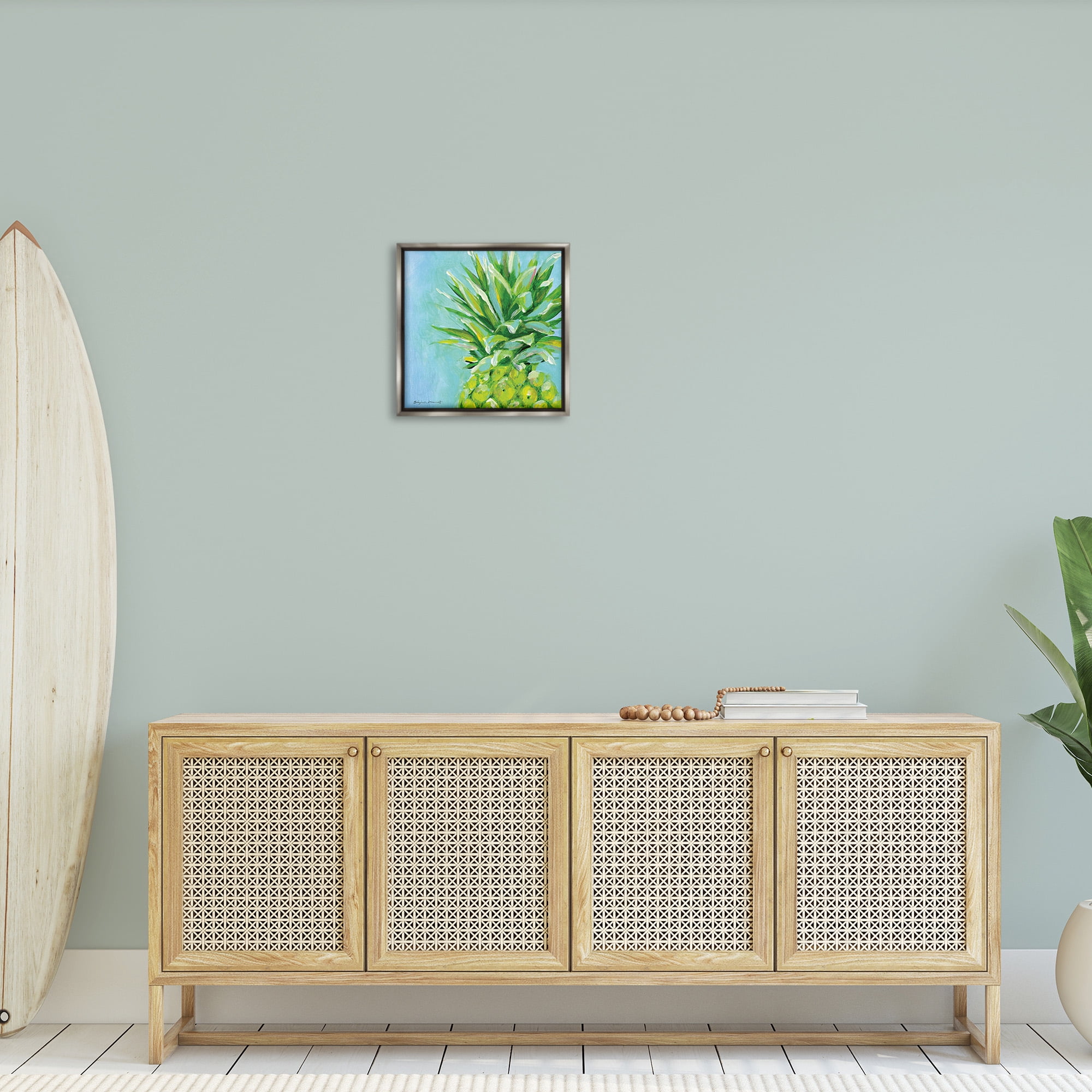 Stupell Industries Tropical Pineapple on Blue Food & Beverage Painting Gray Floater Framed Canvas Art Print Wall Art, 18 x 18