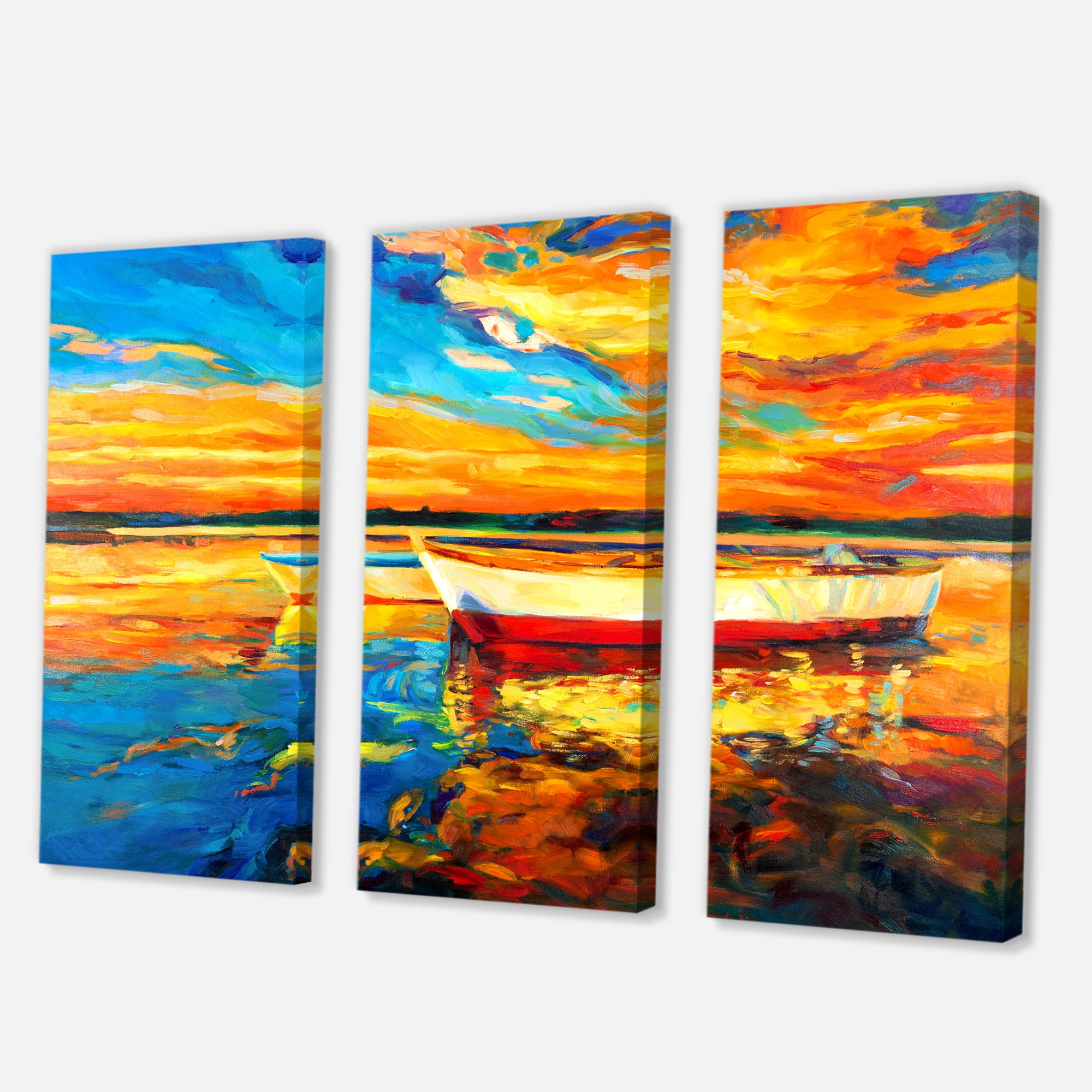 Red and White Boats By The Pier At A VIbrant Sunset 28 in x 36 in Painting Canvas Art Print, by Designart