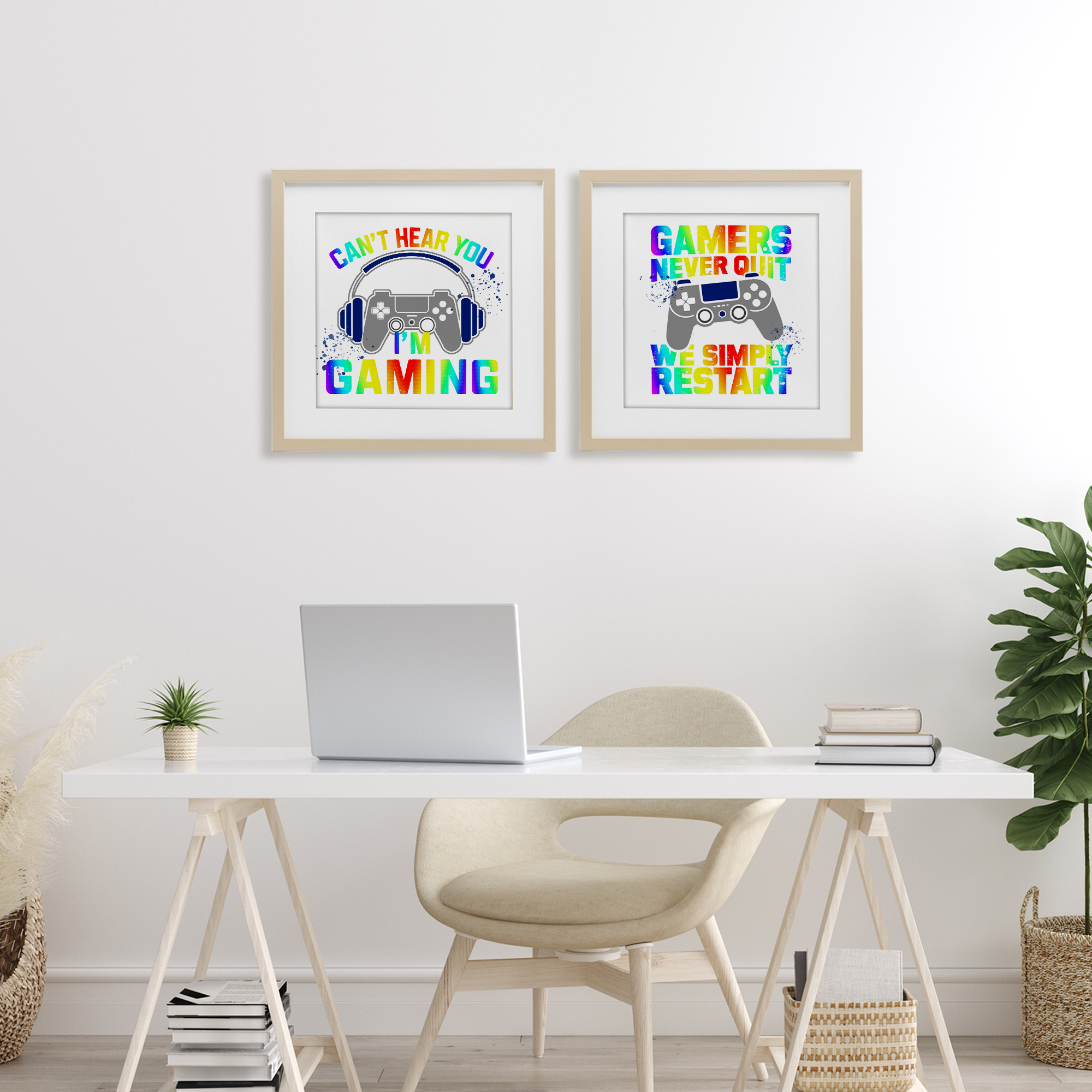 Rainbow Retro Gaming Phrases 2 Piece Birch Framed Print Under Glass Set, design by Kim Allen