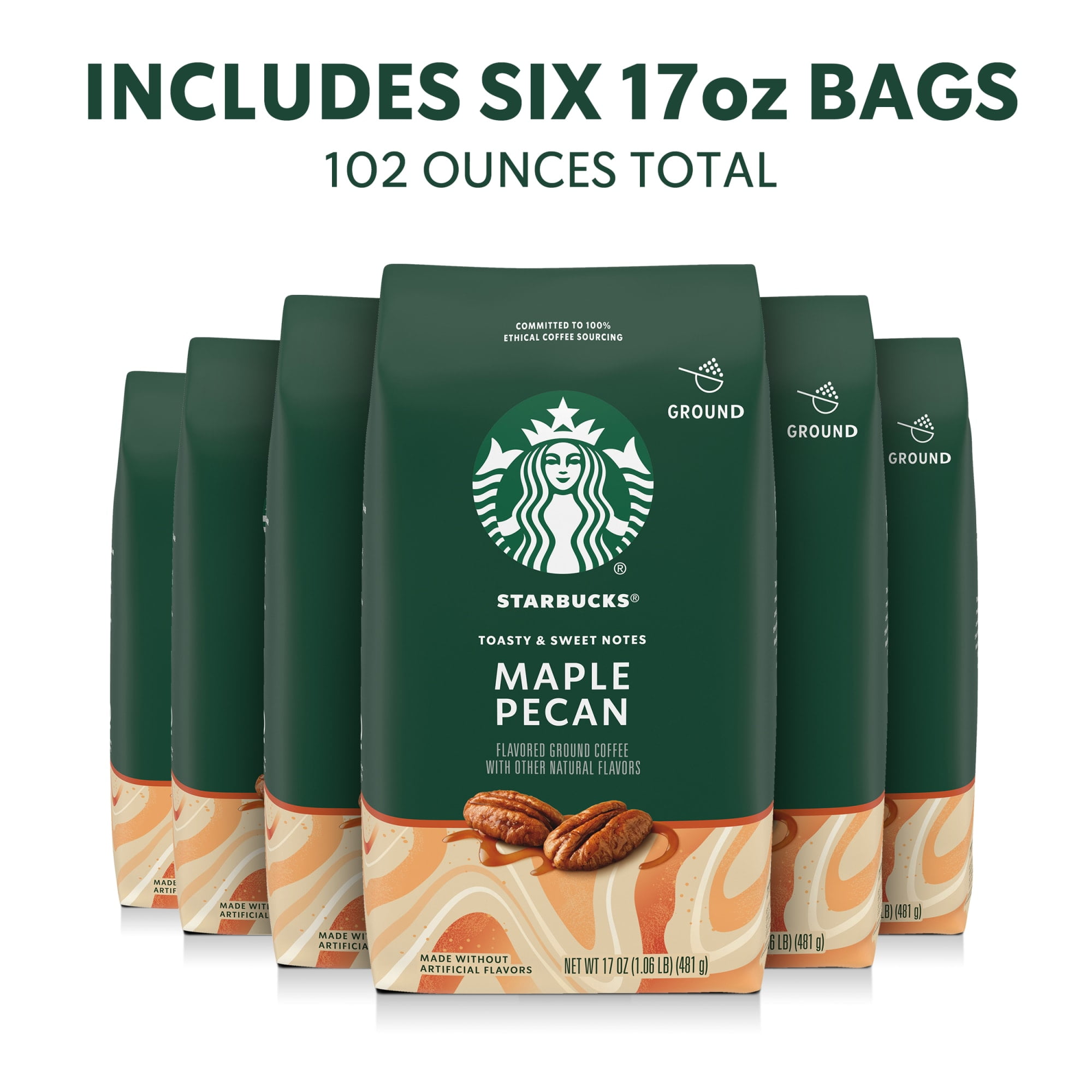 (6 pack) Starbucks Maple Pecan, Ground Coffee, Flavored Roast Hot or Iced Coffee, 17 oz