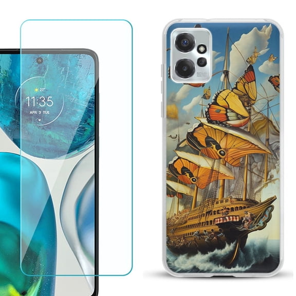 OneToughShield ® for Motorola Moto G Power 5G 2023 Shockproof Fashion Phone Case, with Tempered Glass Screen Protector - Butterfly Ship