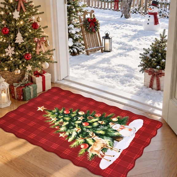 Bleum Cade 2'x3' Christmas Entryway Rug,Washable Vintage Snowman & Tree Non Slip Soft Doormat Indoor Outdoor, Xmas Soft Low Pile Door Mat for Bathroom Kitchen Room Holiday Decor
