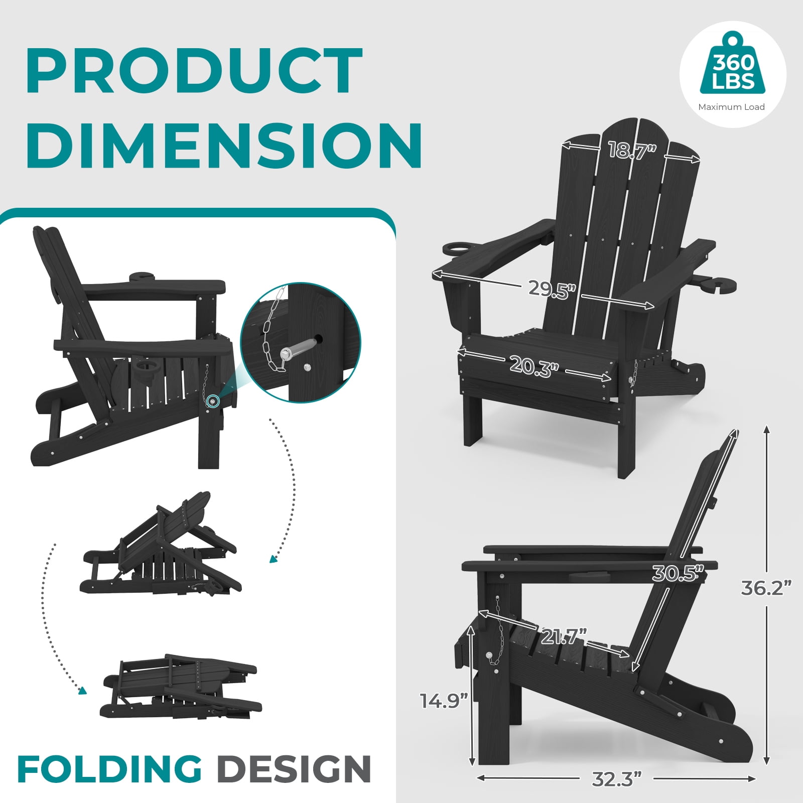 RIAFUN Outdoor Patio chair, Folding HDPE Resin Adirondack Chair with Double Cup Holder, Black