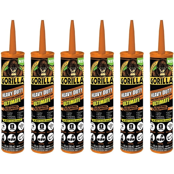 Gorilla Glue Heavy Duty Ultimate Construction Adhesive - Waterproof - 6 Pack, 9 oz, White