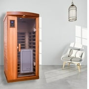 1-Person Far Infrared Sauna Room using Red Cedar with Adjustable LCD display&Button Control&LED Reading Light&Bluetooth,Outdoor Spa for Relaxation with Intelligent Control Panel(Wood),American/EU plug
