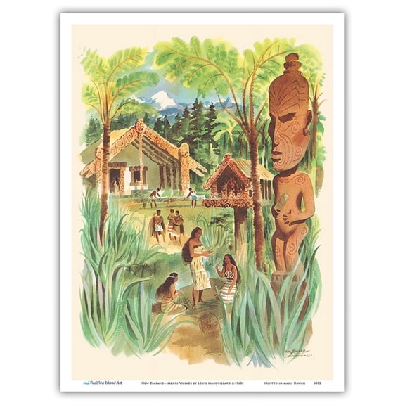 New Zealand - Māori Village - Vintage Ocean Liner Travel Poster by Louis Macouillard c.1960s - Master Art Print (Unframed) 9in x 12in