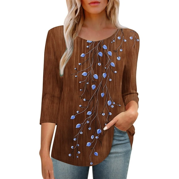 BangWanChi Women's New 3/4 Sleeve Round Neck Cover Casual Pleated Tunic Top Curved Hem Printed Fashion Tops