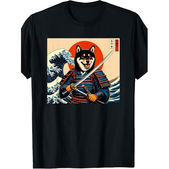 T Shirt Men'S Otaku Black and Brown Shiba Inu Samurai Casual Crew Neck