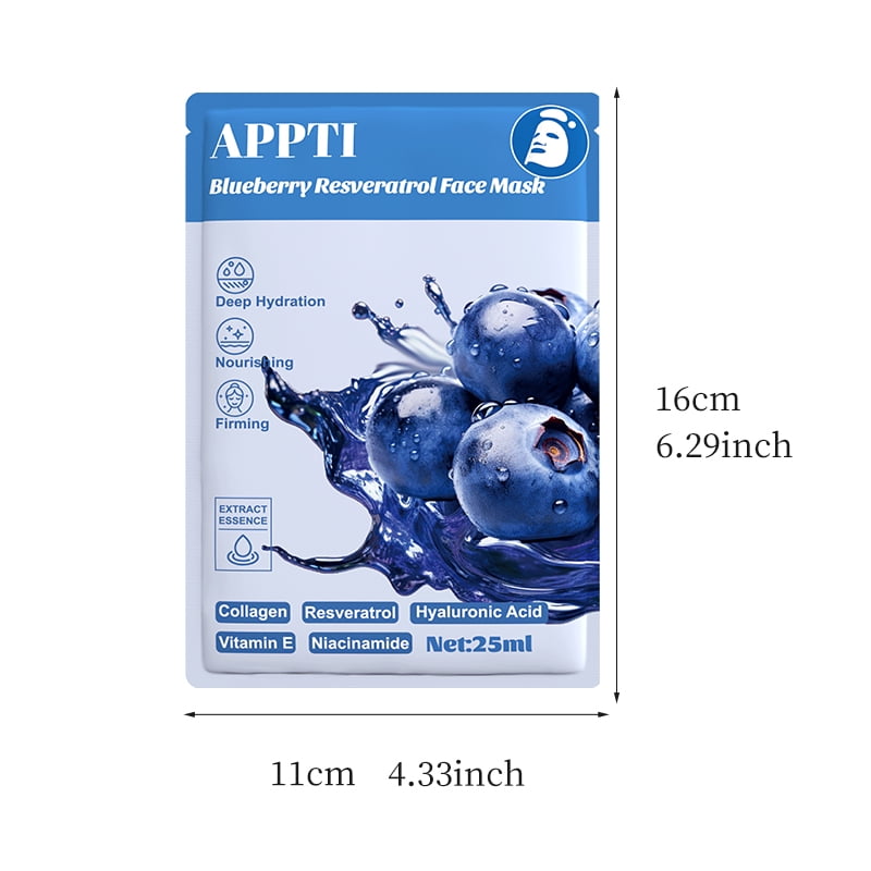 20PCS APPTI Blueberry Resveratrol Face Mask – Antioxidant & Revitalizing Treatment for Youthful Defense, Brightening Dull Skin & Enhancing Radiance with Berry Power.