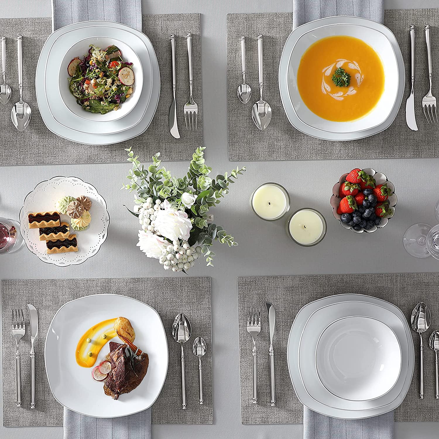 MALACASA Porcelain Dinnerware Sets, 24 Piece Round White Dishes With Silver Line, Dish set Service for 6, Series ELISA