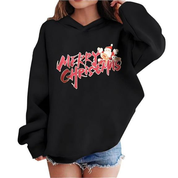 Lorytime Girls Sweatshirts with Hoods Unisex Merry Christmas Sweatshirt Long Sleeve Pullover Drop Shoulder Festive Tops