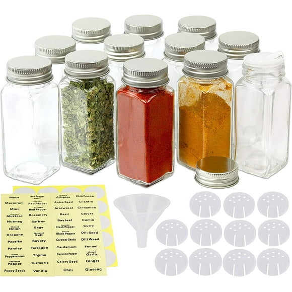 Square Spice Jars Bottles w/Labels (4oz), 12 Pack