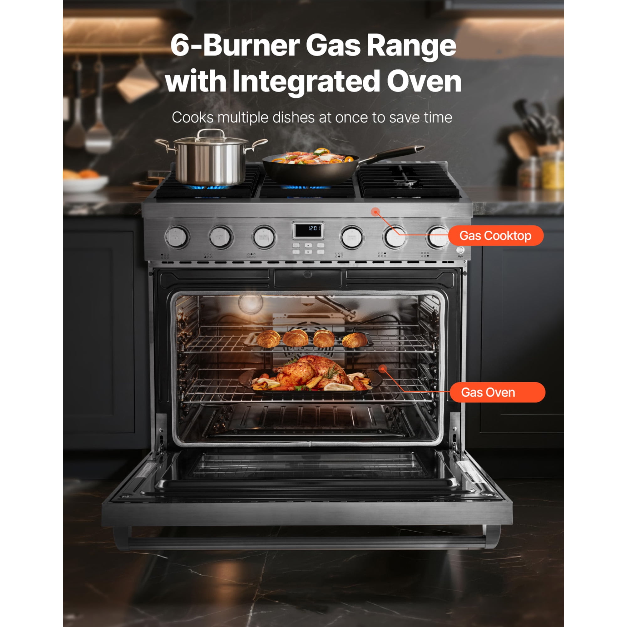KFFKFF 36-Inch Freestanding Gas Range Oven, Stainless Steel Stove with 6 Sealed Burners, Spacious 6.0 Cu. Ft. Oven, Halogen Lighting, and Convenient Racks for RVs, Apartments, and Mobile Homes