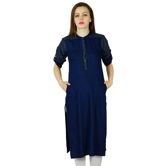 Bimba Women Blue custom Kurta Kurti With Pockets Casual Tunic Indian Blouse 3/4 Sleeve