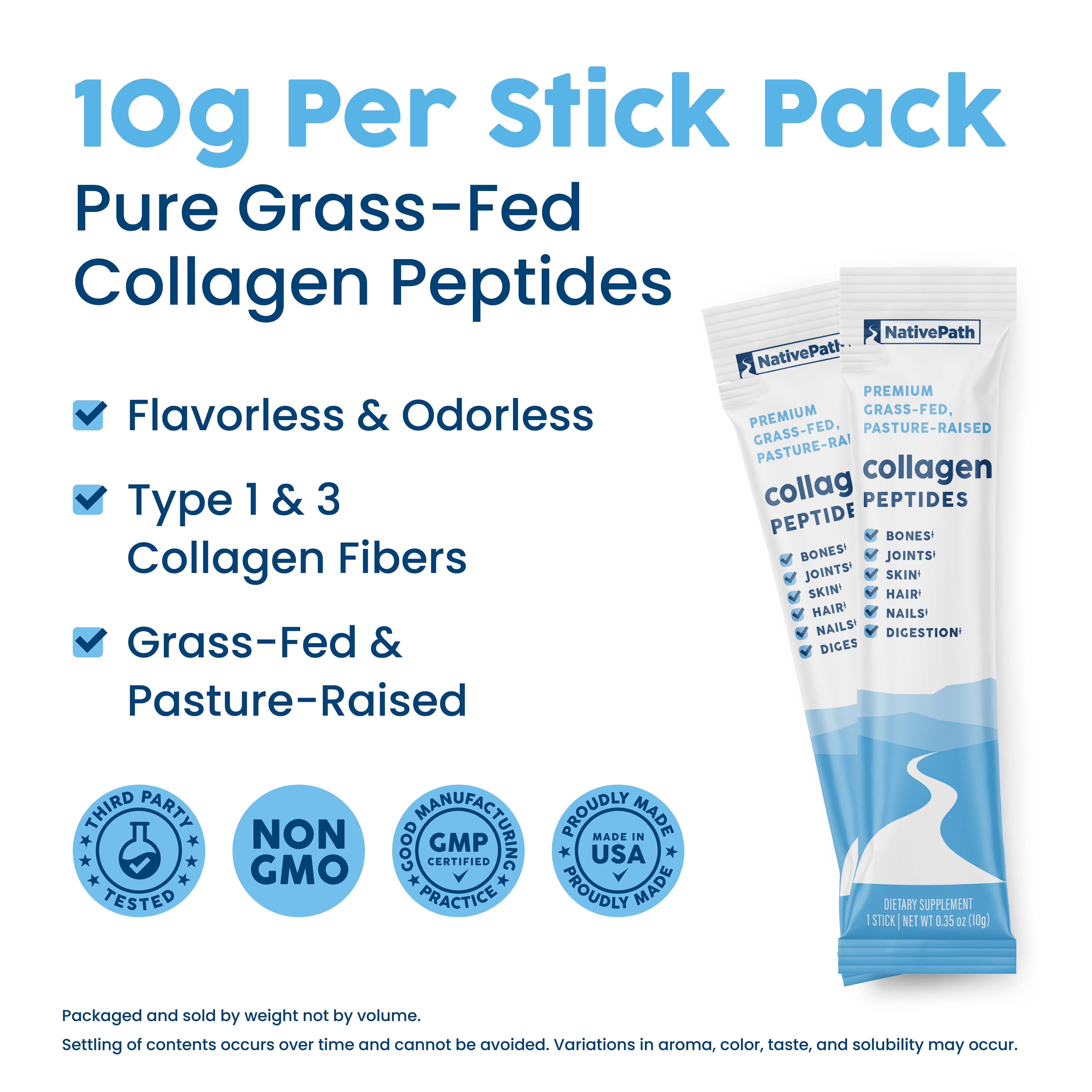 NativePath Collagen Peptides Stick Packs, Grass-Fed Type 1 and 3, Unflavored Travel Packets, 30 Count
