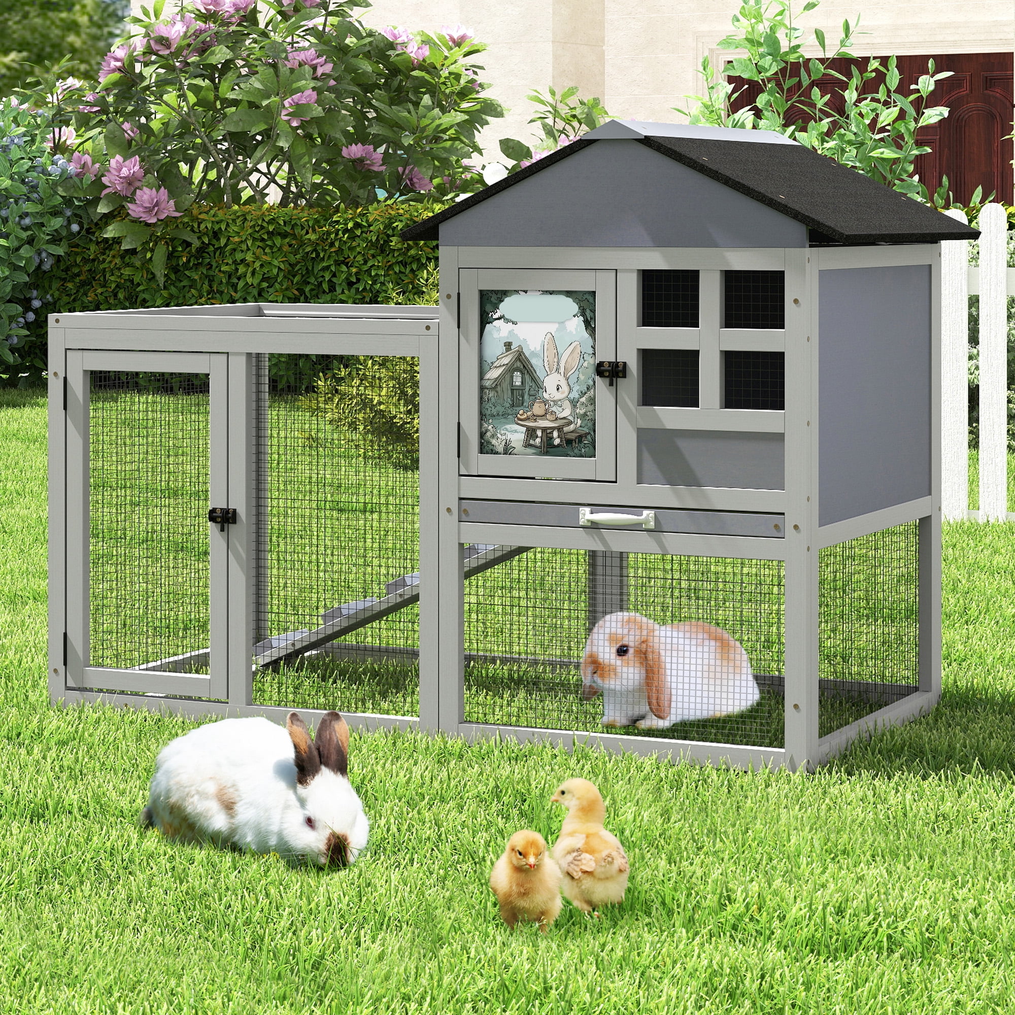 2-Tier Wood Rabbit Hutch Indoor Outdoor Small Animal House with Removable Tray, Ramp, Openable Roof, Bunny Cage for Ducks, Squirrels