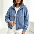 thumbnail image 6 of ClodeEU Women's Collared Zip Up Long Sleeve Cropped Denim Bomber Jacket,Casual Loose Daily Outerwear ,Women's Plus XXL, 6 of 8