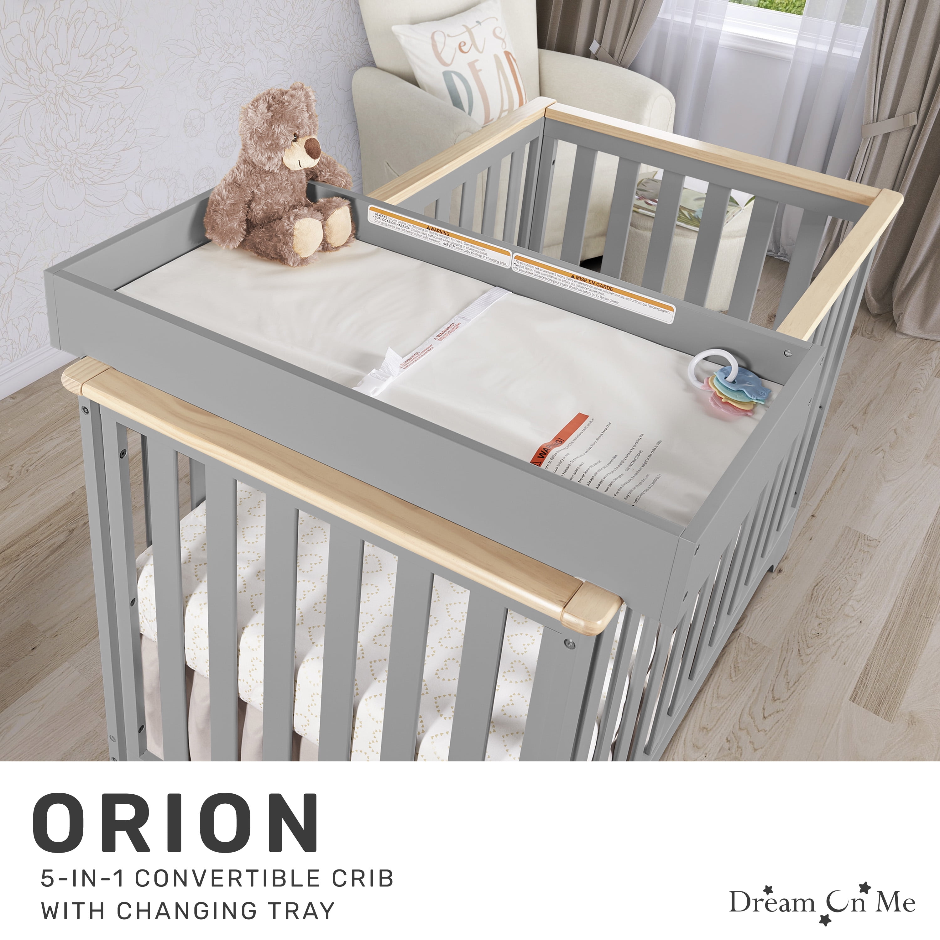 Dream On Me Orion 5-in-1 Convertible Crib with Removable Changing Tray, Pebble Grey Vintage
