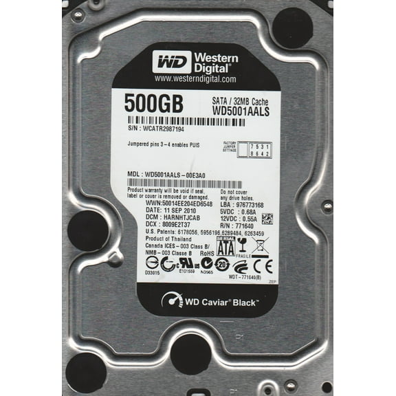 WD5001AALS-00E3A0, DCM HARNHTJCAB, Western Digital 500GB SATA 3.5 Hard Drive