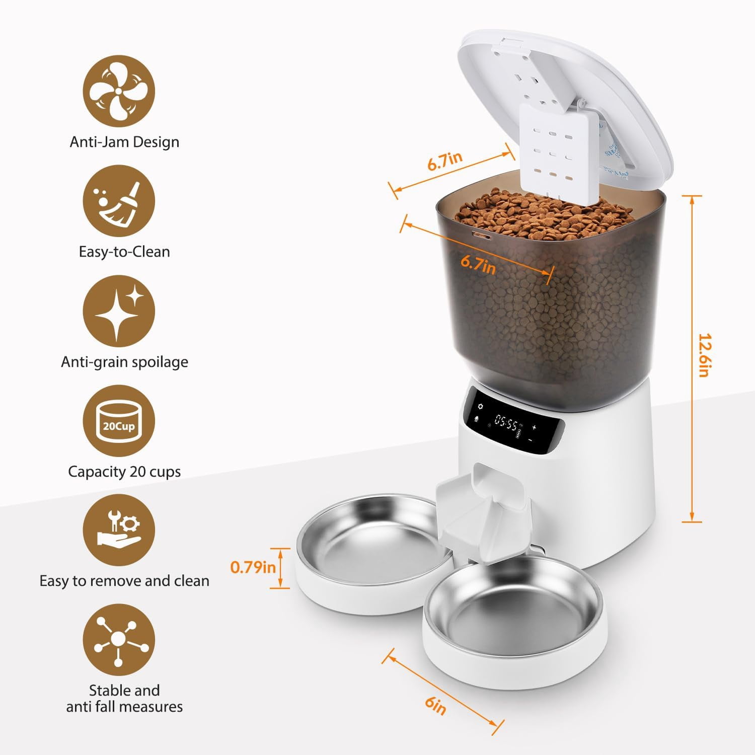 Automatic Cat Feeders for Two Cats, 5L/20 Cups Double Automatic Cat Food Dispenser with 2 Stainless Bowls, Timer Setting 20 Portions 6 Meals Per Day, 10s Meal Call, Pet Feeder for Cat