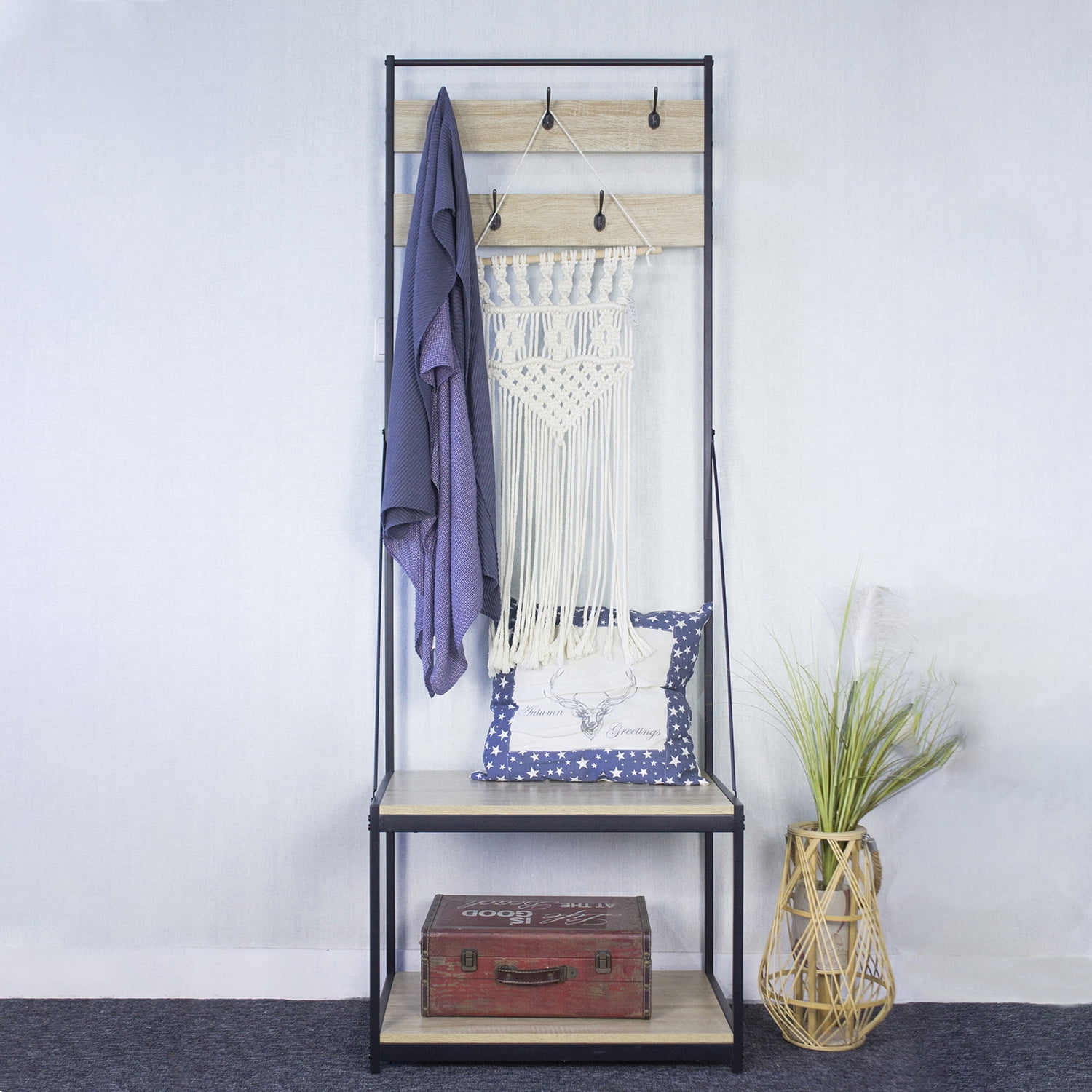 Resenkos 3 in 1 Entryway Hallway Coat Rack Storage with 5 Hooks, Wood Look Accent Furniture with Steel Frame, Light Brown Resenkos 3 in 1 Entryway Hallway Coat Rack Storage with 5 Hooks, Wood Look Accent Furniture with Steel Frame, Light Brown