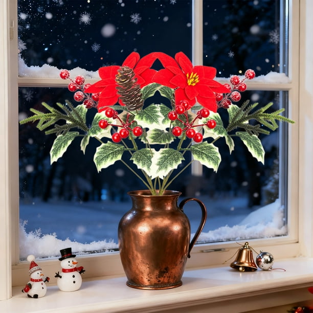 Ramo Artificial De Plástico Ramo De Flores Artificiales De Piña Navideña De 35x25cm Con Flores Rojas Y Bayas Decorativas Para Decorar El Hogar (1 Unidad) Rkxzt