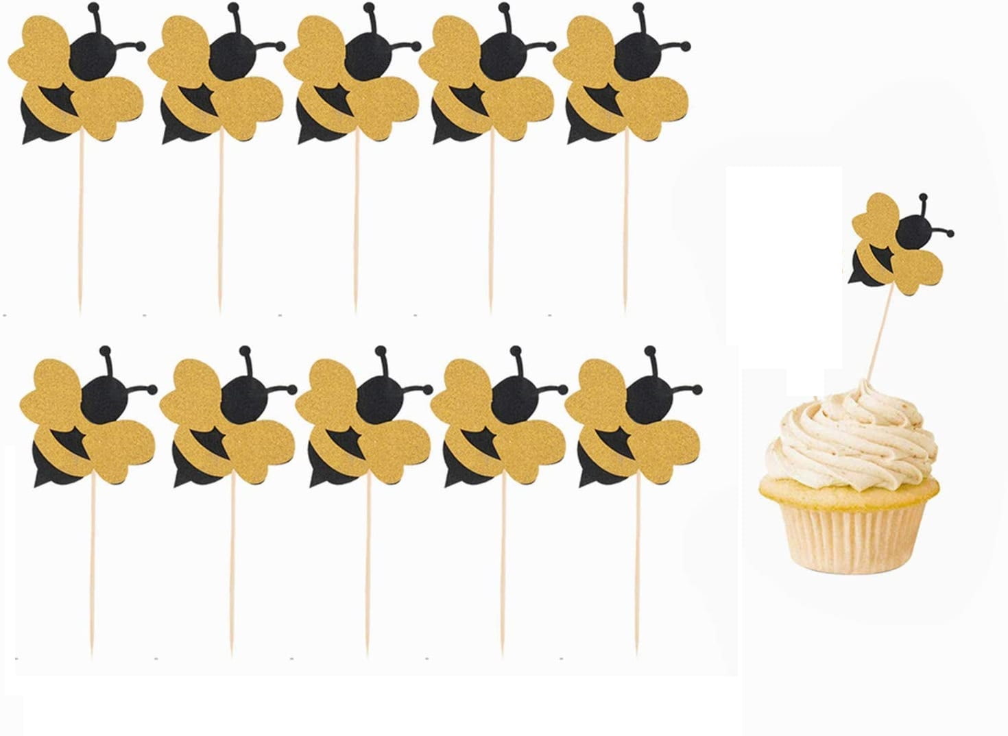 iMagitek 36 Pack Glitter Bumble Bee Cupcake Toppers for Gender Reveal Baby Shower Party Decorations Birthday Party Supplies 