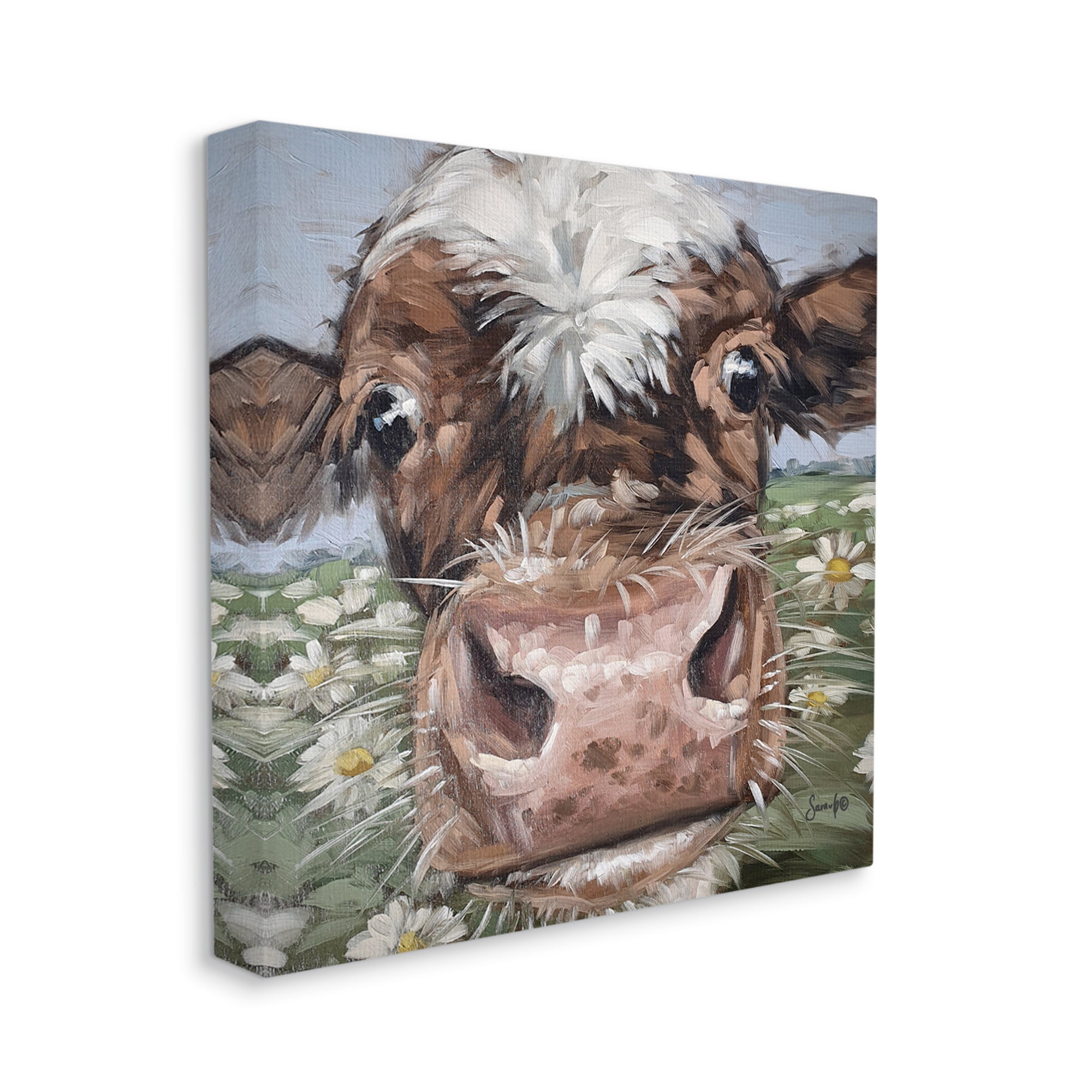 Stupell Close Up Cow Daisy Meadow Painting Animals & Insects Painting Gallery Wrapped Canvas Print Wall Art